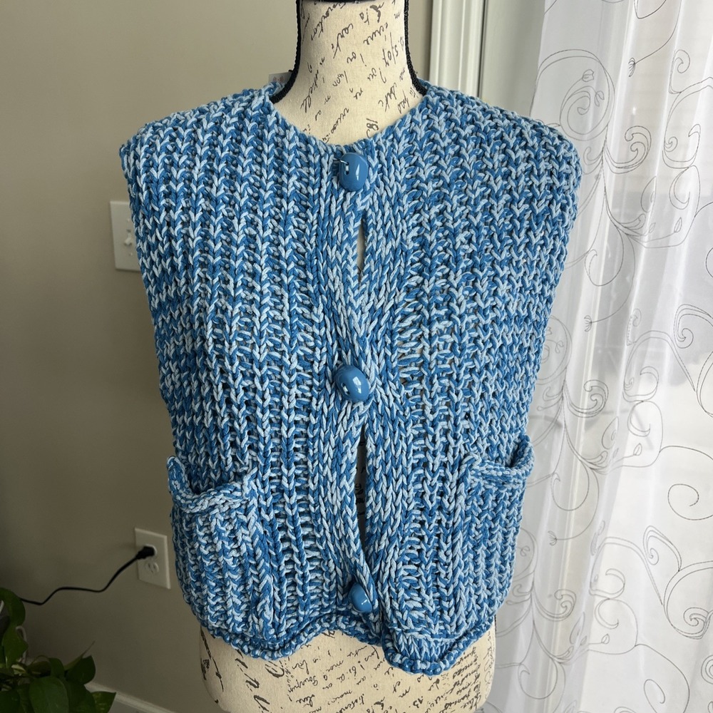 Zara Chunky Knit‎ Button Front Sweater Vest Women's Small Blue Pockets Cropped